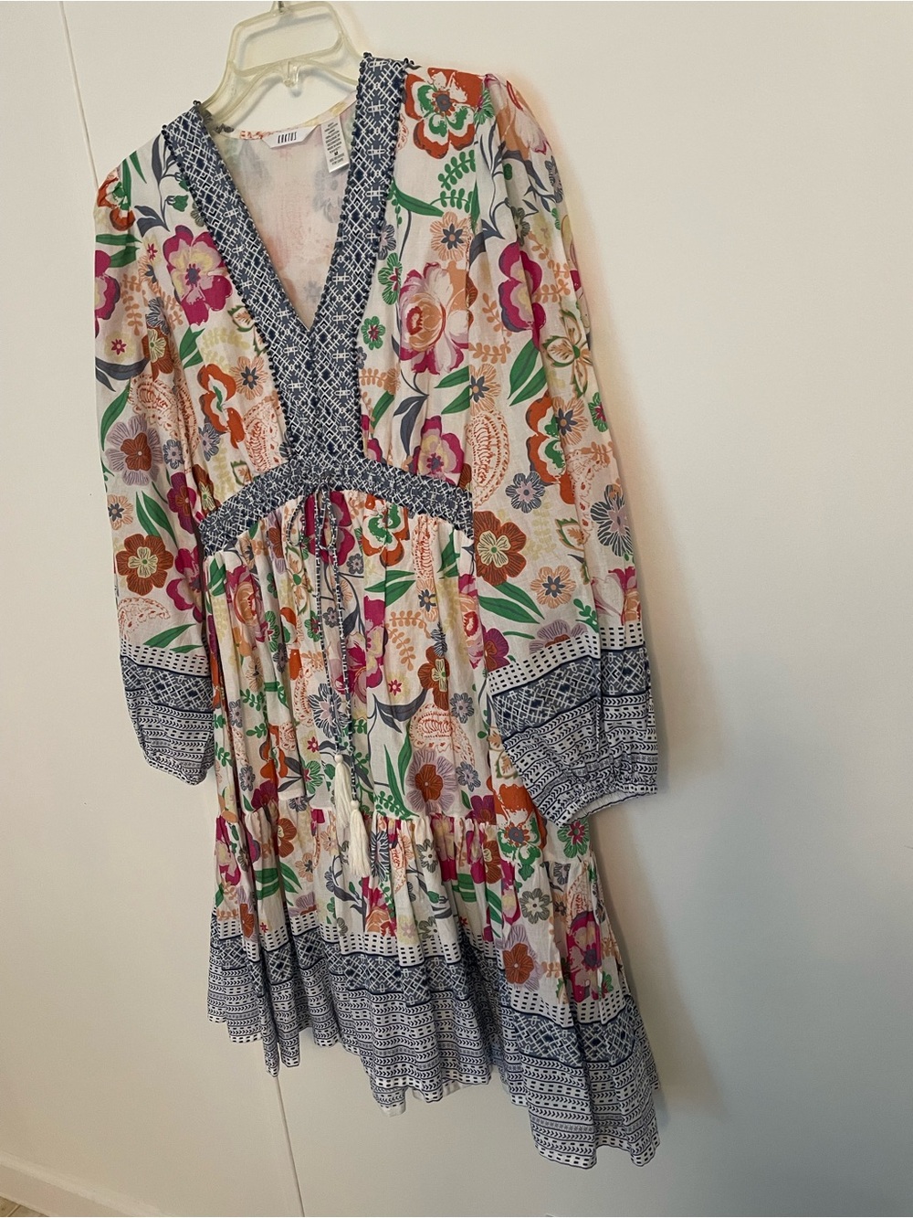 Kaktus Boho Floral Tiered Womens Dress with Blue Trim Size M V Neck Cottagecore - Picture 4 of 12